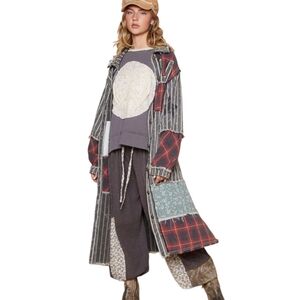 NEW POL patchwork black‎ stripe long button up hobo jacket duster S,M FWT775A